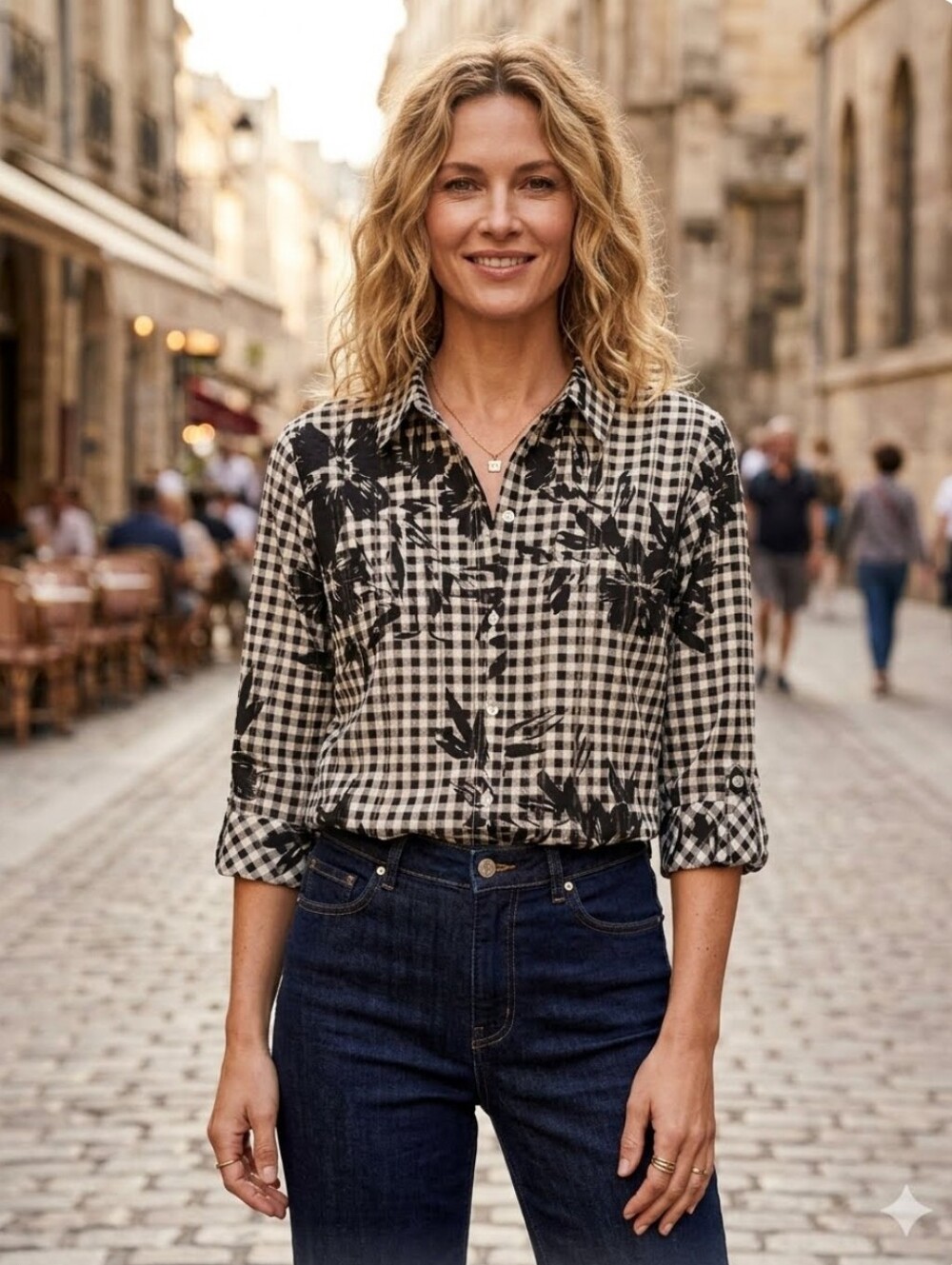Alia Petites Gingham Black&White Floral Plaid Button-Down Shirt